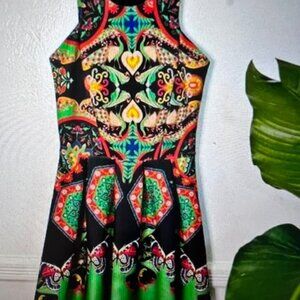 (FARM RIO) Green & Black Dress -Abstract + Butterfly Pattern- size s to M